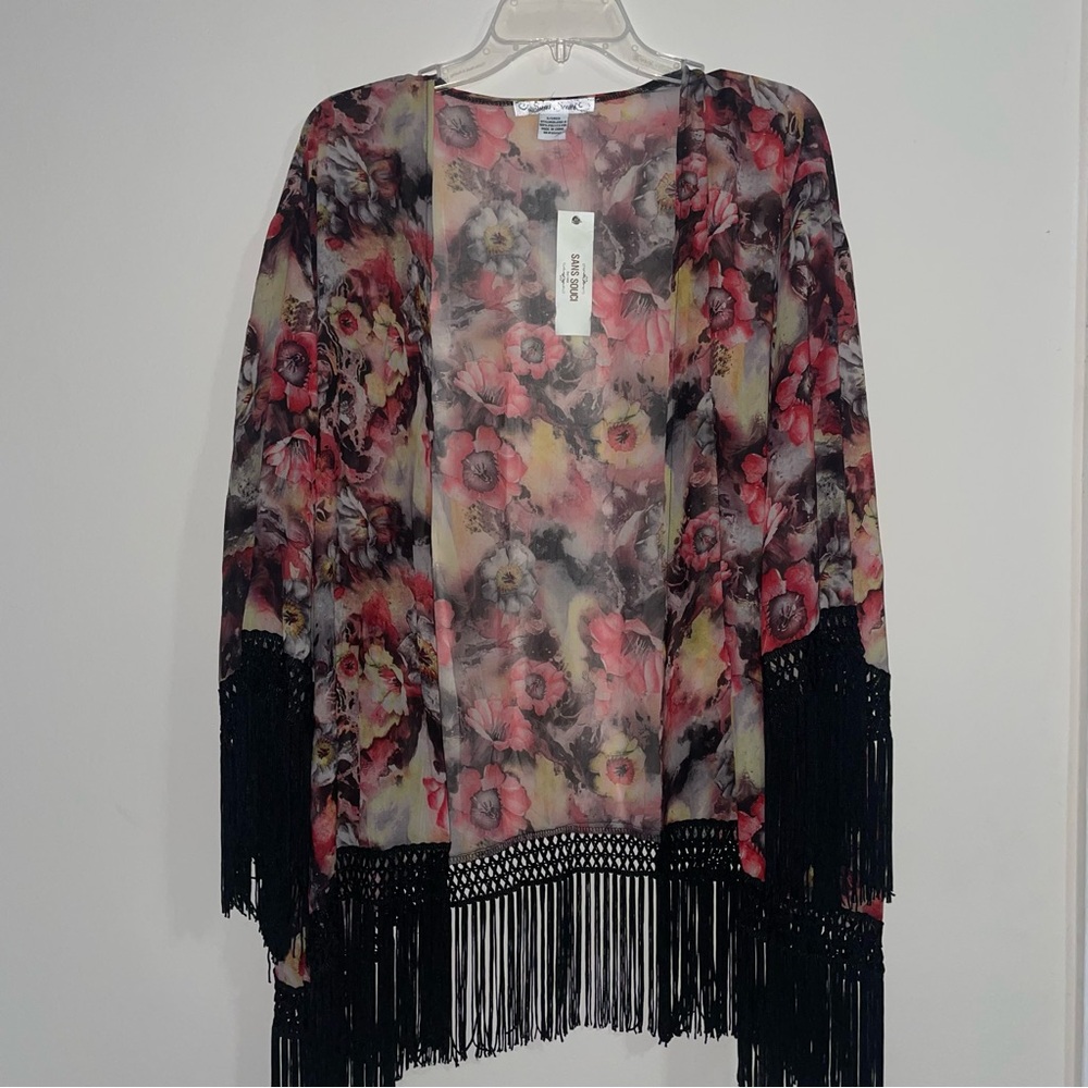 Sans Souci Floral Fringe Kimono in Pink and Black